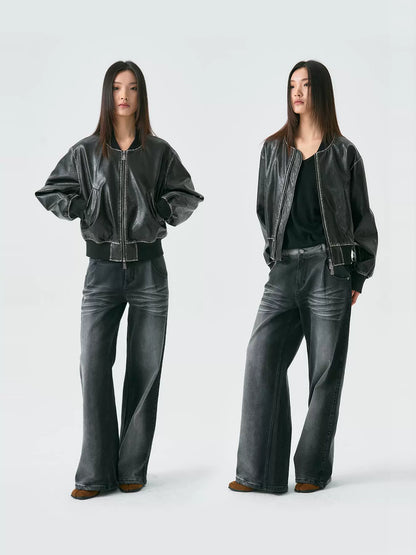 Embossed Print MA1 Leather Jacket WN18950