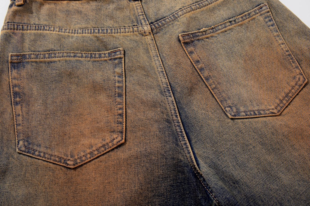 Mud Dye Washed Whisker Wide Leg Denim Jeans WN27904