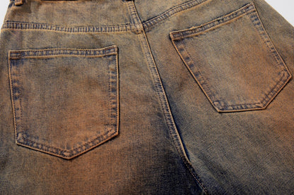 Mud Dye Washed Whisker Wide Leg Denim Jeans WN27904