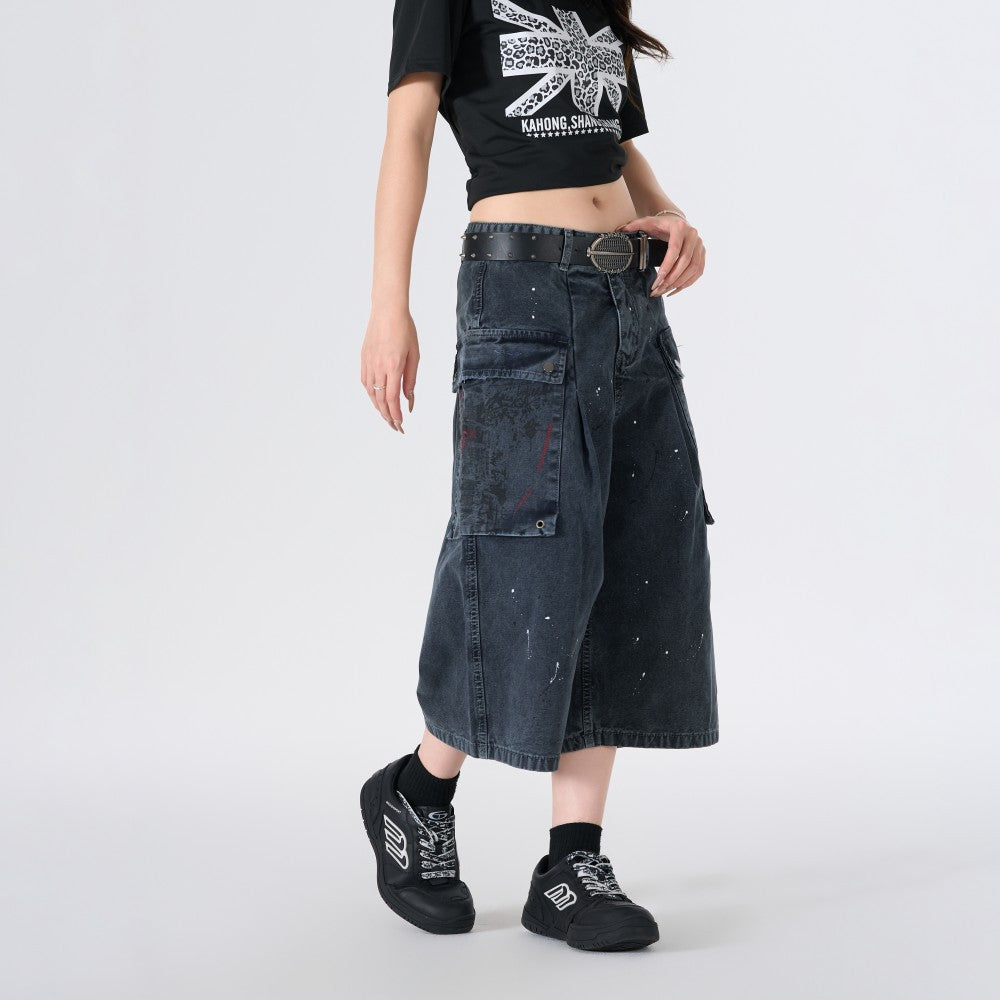 Denim Paint Splatter Multi-Pocket Wide Leg Half Pants WN27938