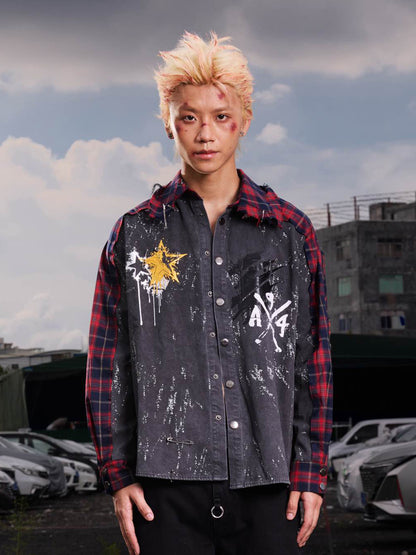 Plaid Patchwork Star Graffiti Oversize Long Sleeve Shirt WN27094