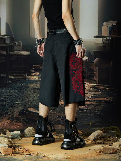 Dragon Embroidery Ultra-Thin Quick-Dry Wide Leg Half Pants WN18512