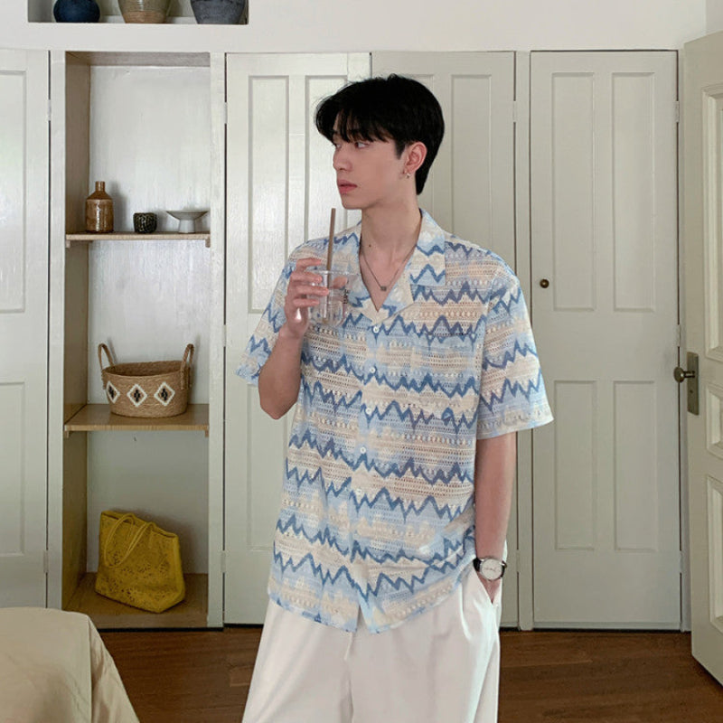Wave Pattern Open Collar Short Sleeve Shirt WN24883