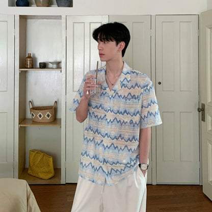 Wave Pattern Open Collar Short Sleeve Shirt WN24883
