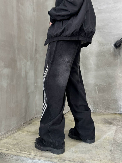 Damage Side Stripe Washed Wide Leg Denim Jeans WN21174
