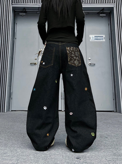 Star Embroidery Wide Leg Denim Jeans WN24153
