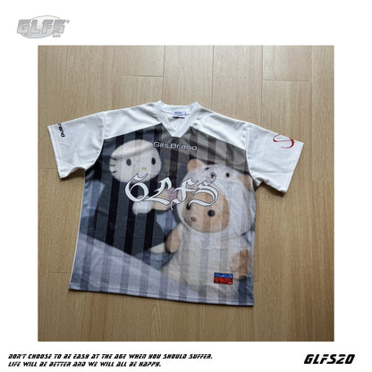Kitty Cartoon Print V-Neck Oversize Short Sleeve T-Shirt WN26569