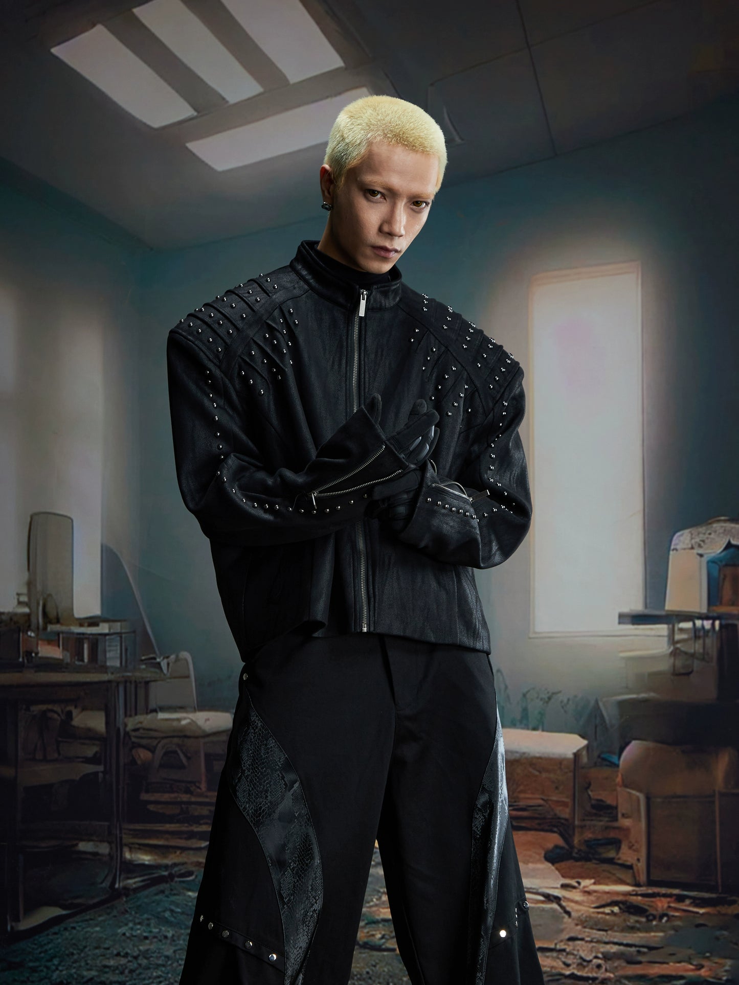 Matte Studs Shoulder-Pad PU Leather Zipper Jacket WN20818