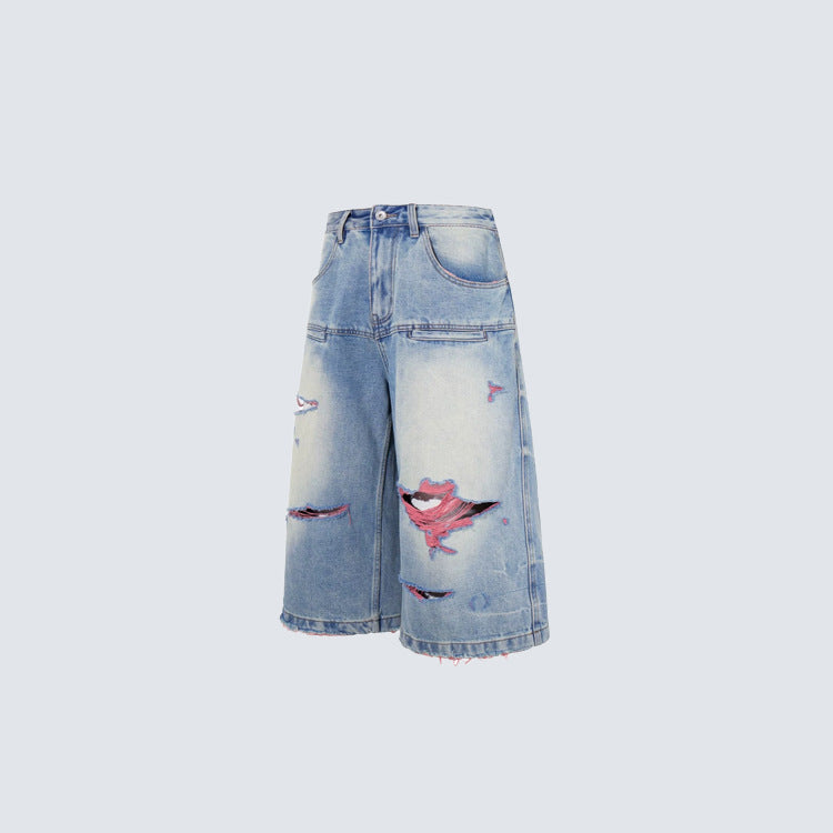Washed Damage Graphic Denim Half Jeans WN28002