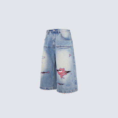 Washed Damage Graphic Denim Half Jeans WN28002