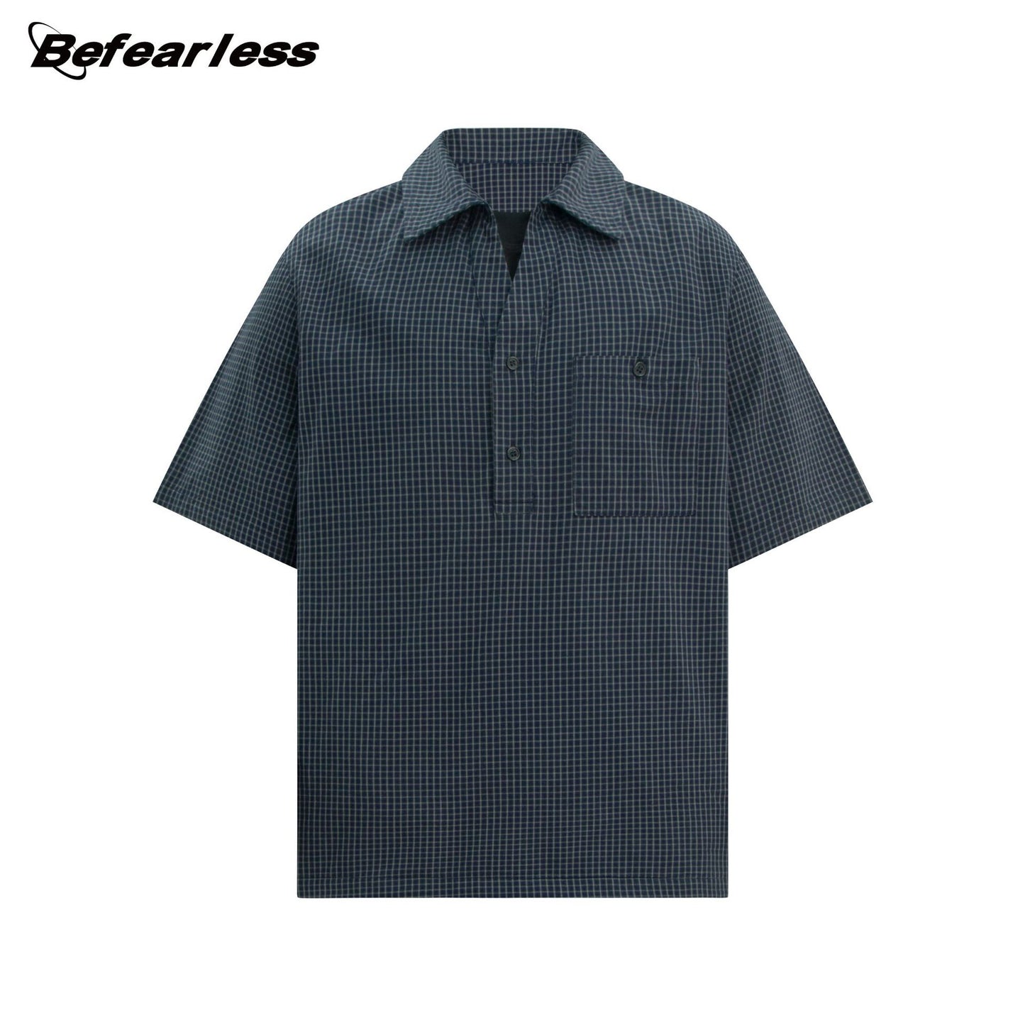 Plaid Fake Layered Half-Placket Polo Collar Pocket Short Sleeve Shirt WN26347