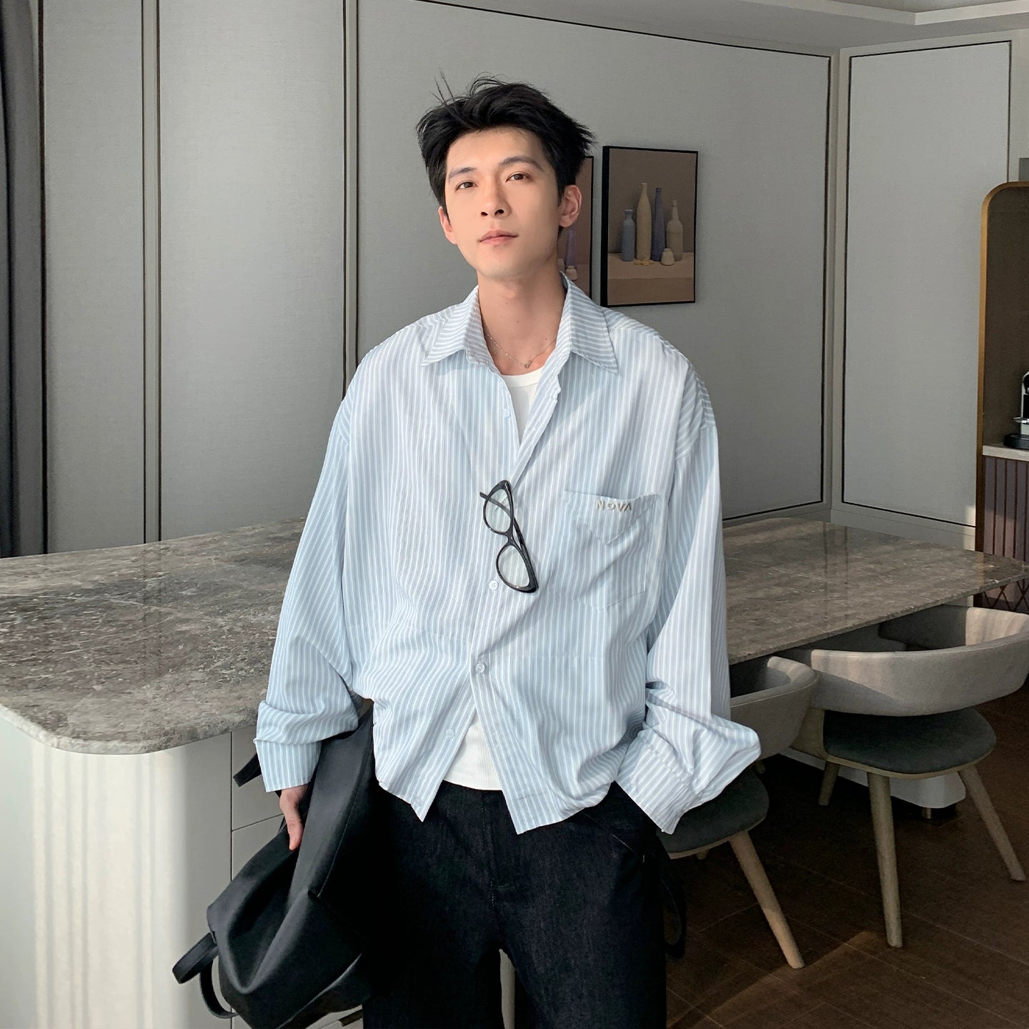 Vertical Stripe Waist-Fit Cotton Long Sleeve Shirt WN20474