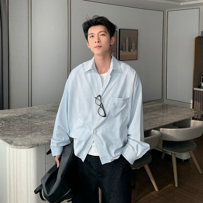 Vertical Stripe Waist-Fit Cotton Long Sleeve Shirt WN20474