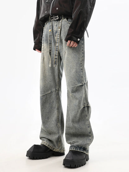 Layered Washed Wide-Leg Denim Jeans WN10242