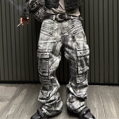 Washed Cargo Pocket Stacked Wide Leg Denim Jeans WN27394