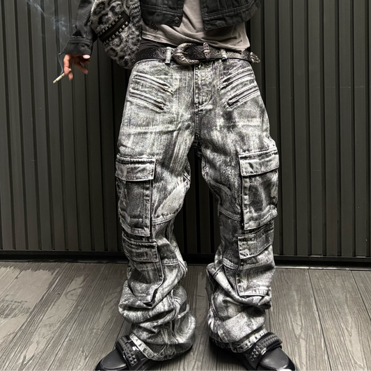 Washed Cargo Pocket Stacked Wide Leg Denim Jeans WN27394
