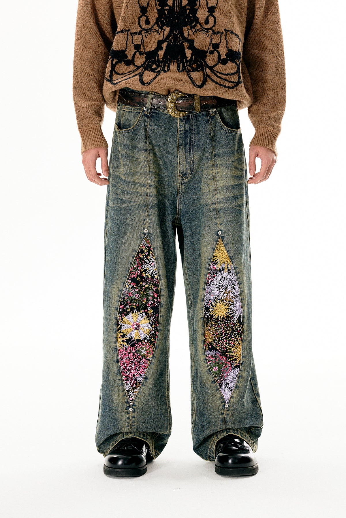 Fireworks Print Washed Denim Jeans WN18972