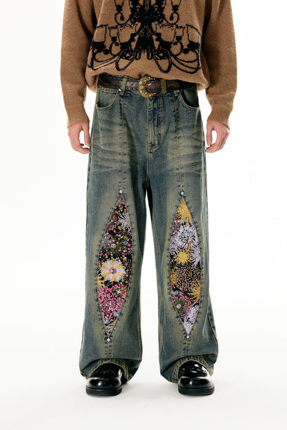 Fireworks Print Washed Denim Jeans WN18972