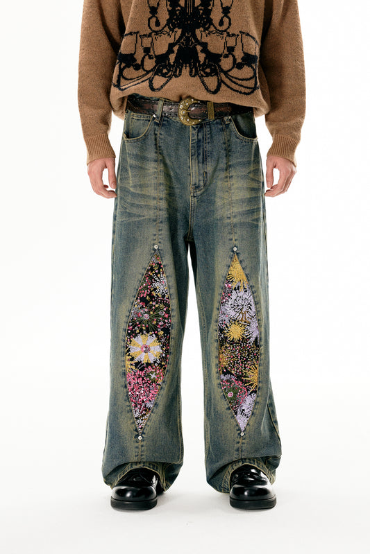 Fireworks Print Washed Denim Jeans WN18972
