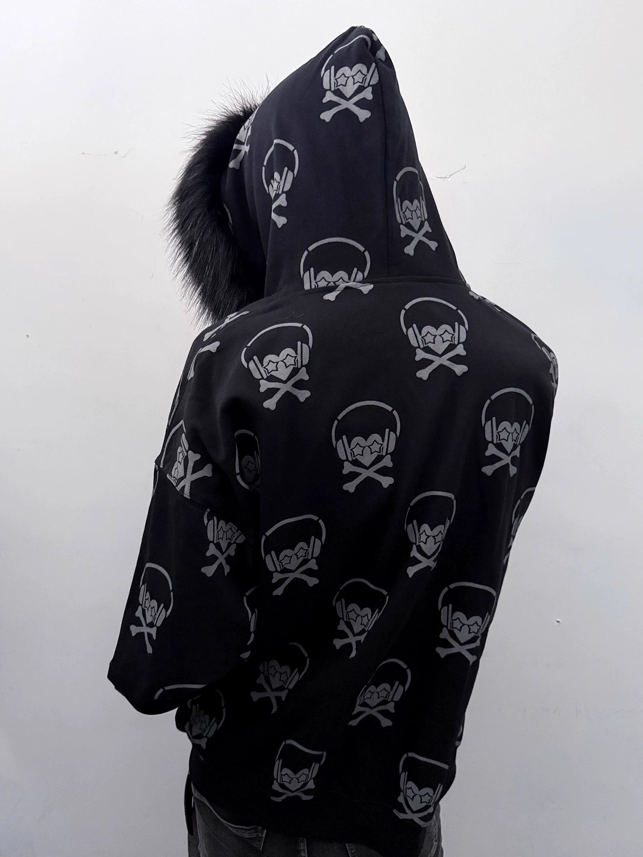 Headphone Skull Print Fake Fur Collar Zipper Hoodie WN20919