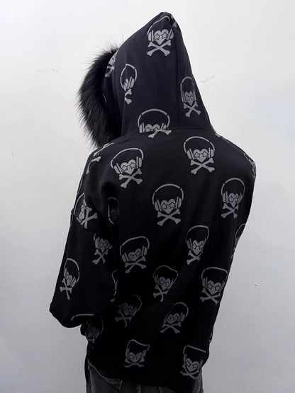 Headphone Skull Print Fake Fur Collar Zipper Hoodie WN20919