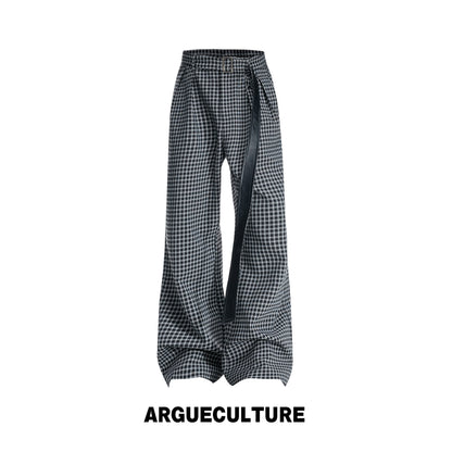 Plaid Pleats Adjustable Strap Wide Leg Trousers WN27047