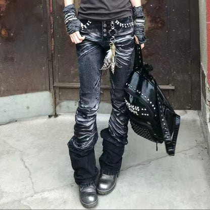 Stud Button Whisker Damage Denim Jeans WN27351