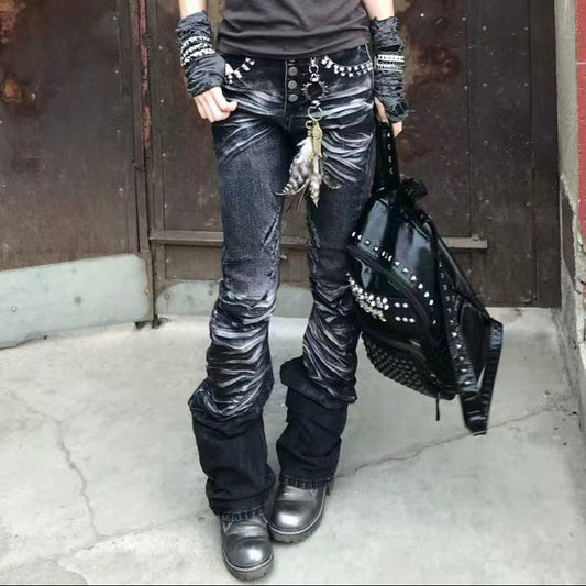 Stud Button Whisker Damage Denim Jeans WN27351