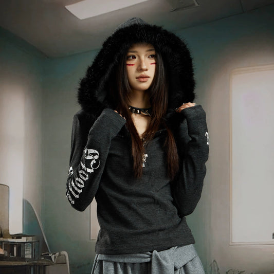 Letter Print Fake Fur Pullover Hoodie WN21375