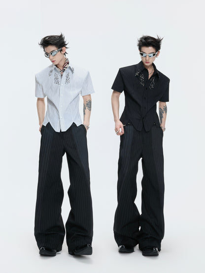 Standing-Collar Shoulder-pad Stripe Asymmetric Short Sleeve Shirt WN26998