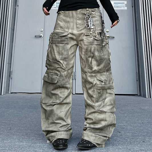 Washed Multi Pocket Wide Leg Cargo Pants WN24176