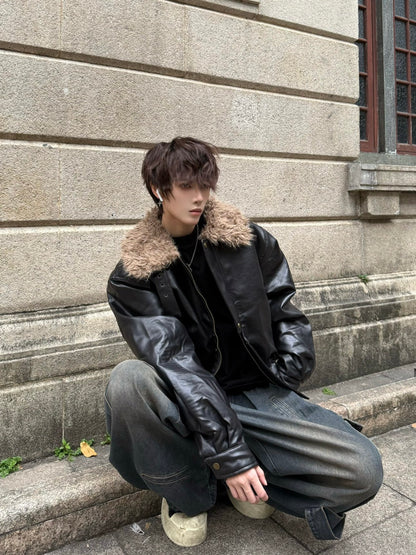 Fake Fur Collar Zip-Up PU Leather Jacket WN23146