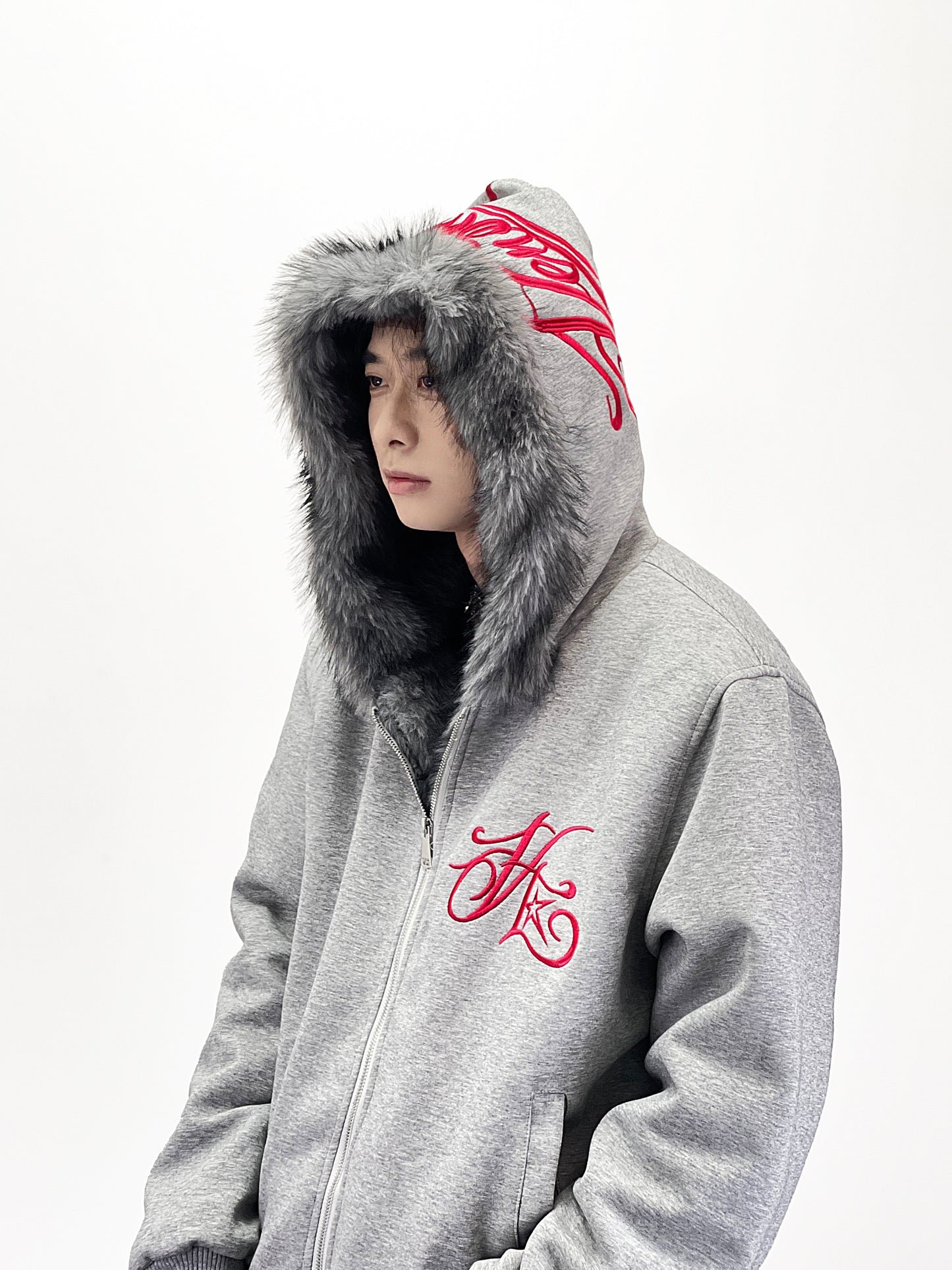 Embroidery Letter Fake Fur Hooded Jacket WN24262