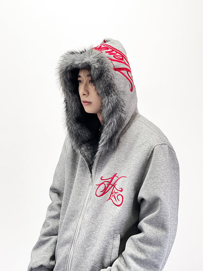 Embroidery Letter Fake Fur Hooded Jacket WN24262