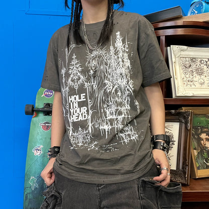 Washed Art Print Damage Short Sleeve T-Shirt WN16746