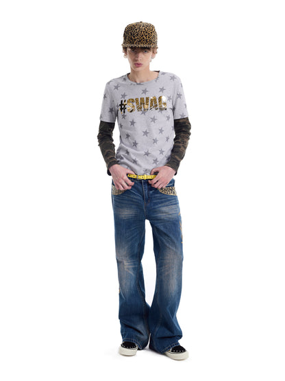 Fake Layered Camo Star Logo Print Long Sleeve T-Shirt WN27193