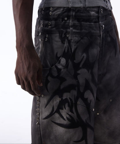 Washed Graffiti Dirty-Dye Denim Half Pants WN25741