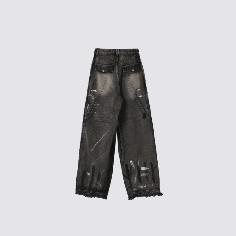 Patchwork Graffiti Wide Leg Denim Jeans WN27832