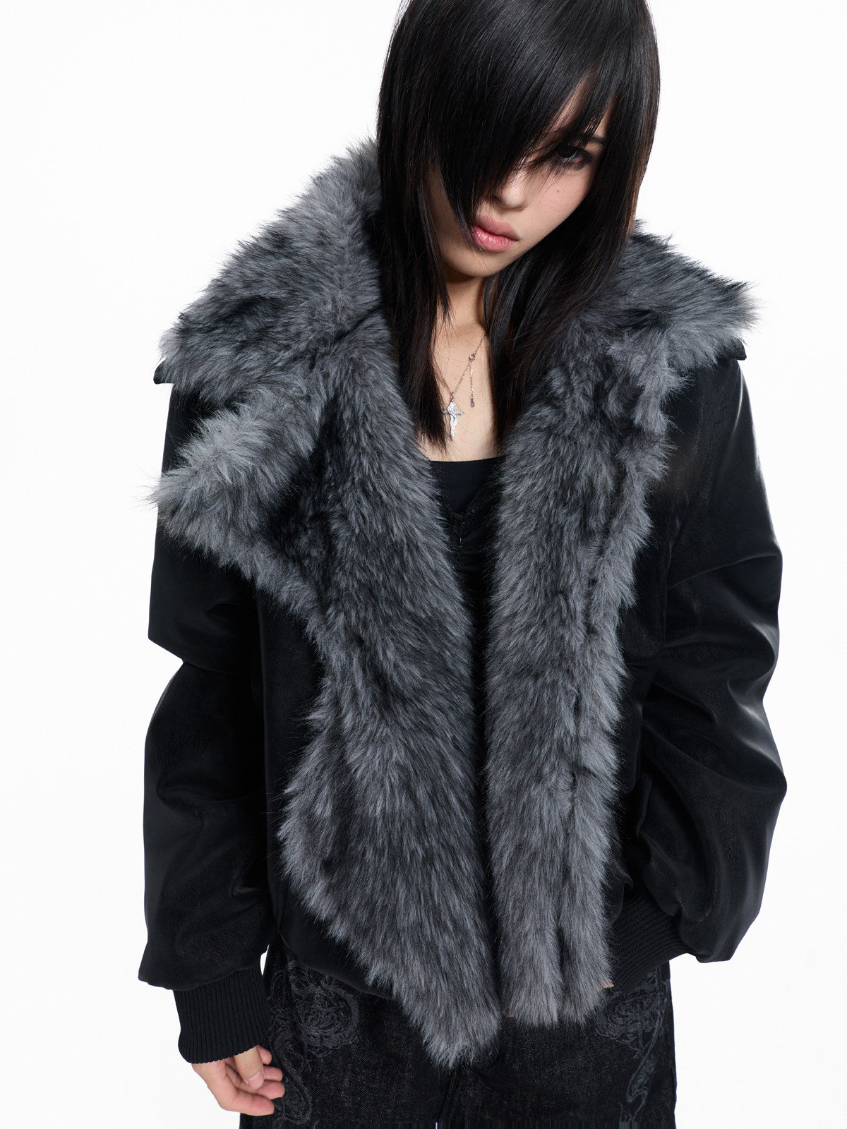 Fake Fur Patchwork Lapel PU Leather Jacket WN27325