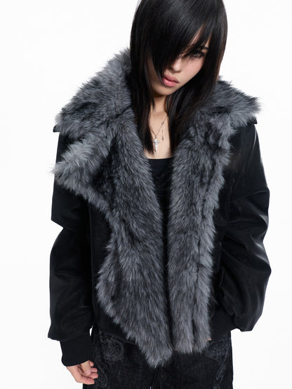 Fake Fur Patchwork Lapel PU Leather Jacket WN27325