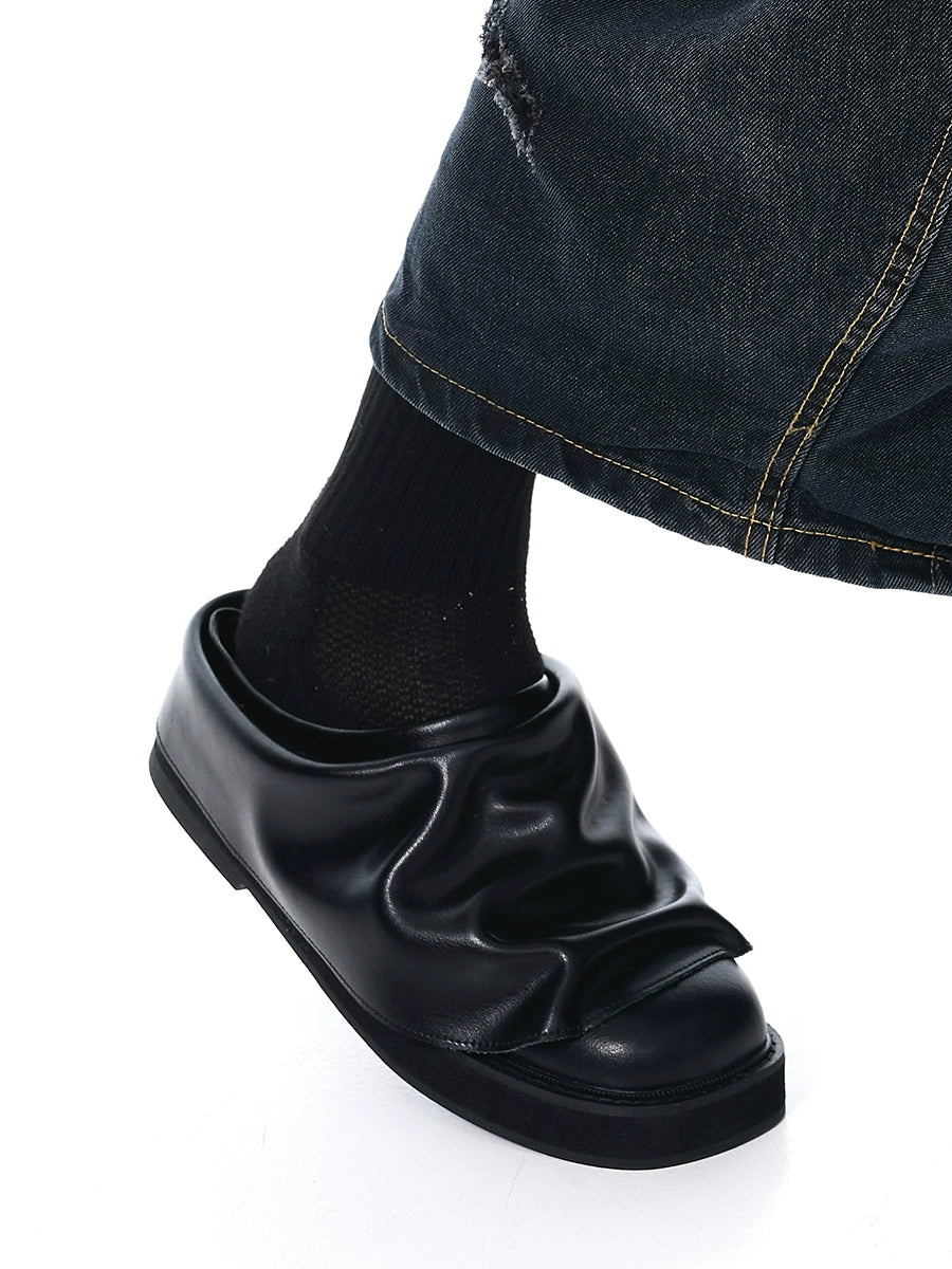 Wrinkled Chunky Sole Leather Mule Shoes WN20799