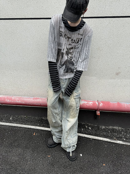 Fake Layered Stripe Hollow Print Long Sleeve T-Shirt WN21151