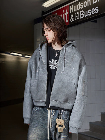 Washed Rhinestone Oversize Zipper Hoodie WN13261