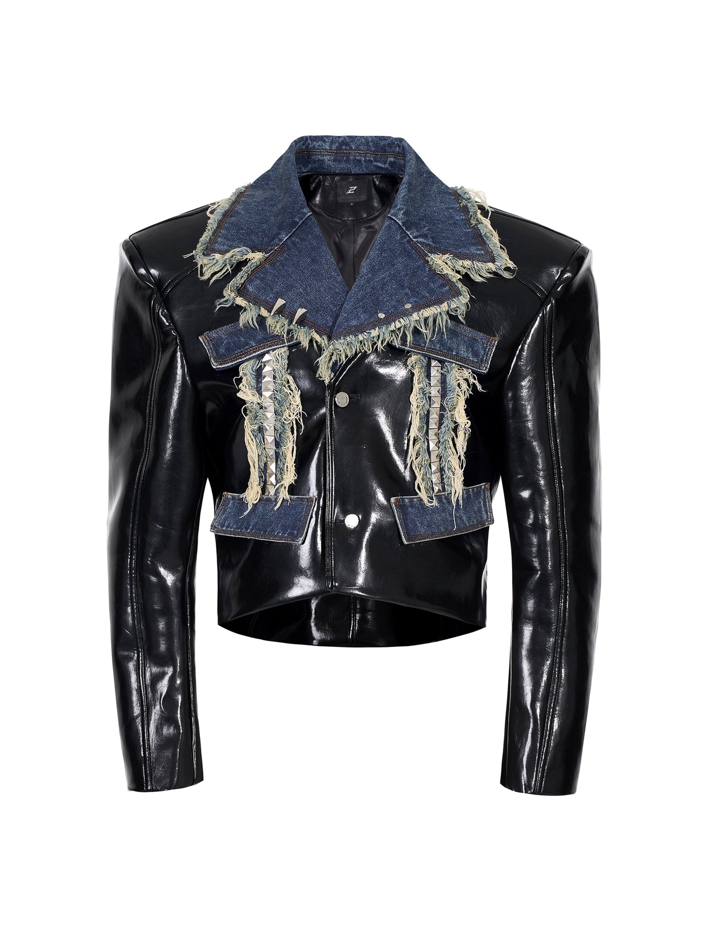 Frayed Denim Patch Rivet PU Leather Short Jacket & PU Leather Pants Setup WN22123