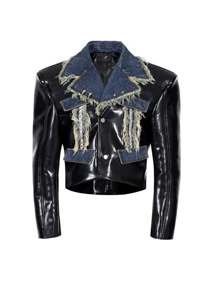 Frayed Denim Patch Rivet PU Leather Short Jacket & PU Leather Pants Setup WN22123