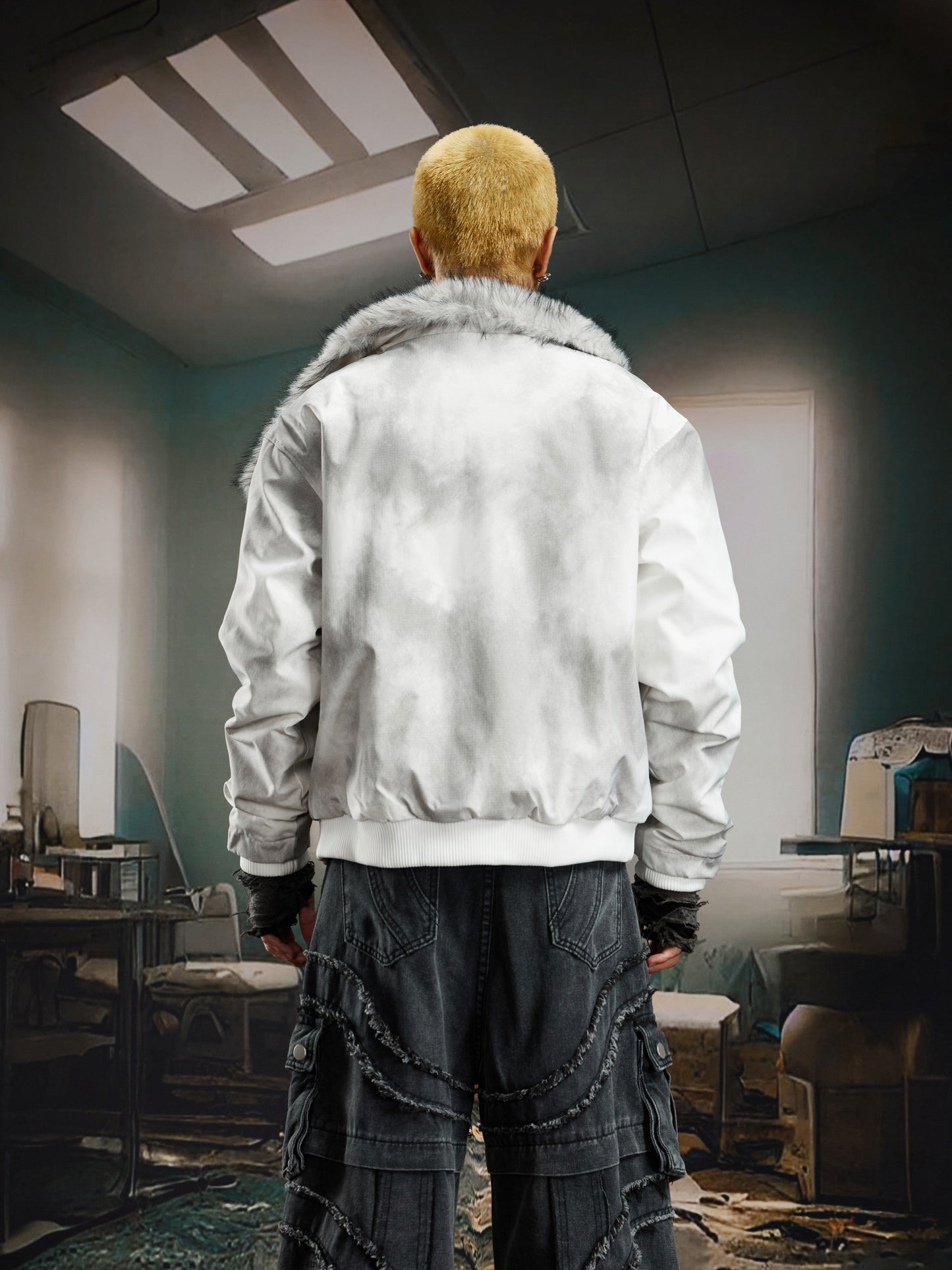 Damage Dye Fake Fur Lapel Puffer Jacket WN22764