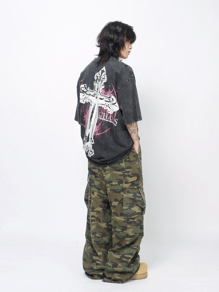 Vintage Washed Oversize Cross Graphic Short Sleeve T-Shirt WN24430