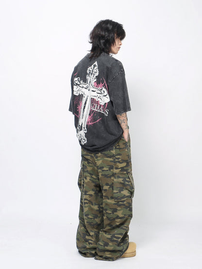 Vintage Washed Oversize Cross Graphic Short Sleeve T-Shirt WN24430
