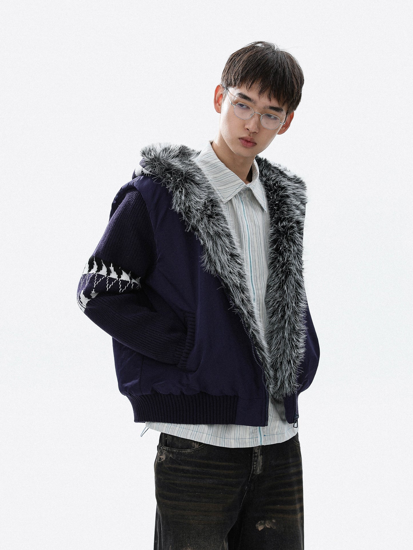 Colorblock Patch Thick Fake Fur-Collar Puffer Jacket WN22121