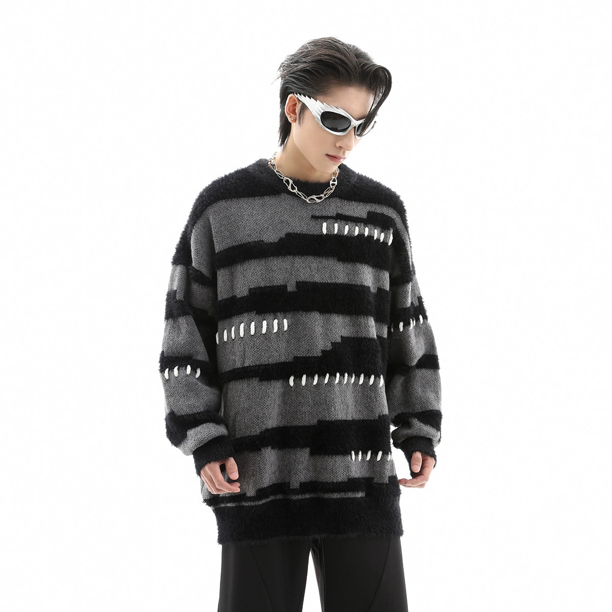 Shaggy Stripe Oversize Knit Sweater WN10324